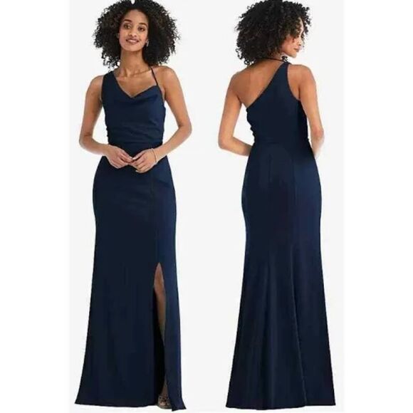 NWT After Six Midnight Navy one shoulder cowl neck gown size 20 - Picture 1 of 10